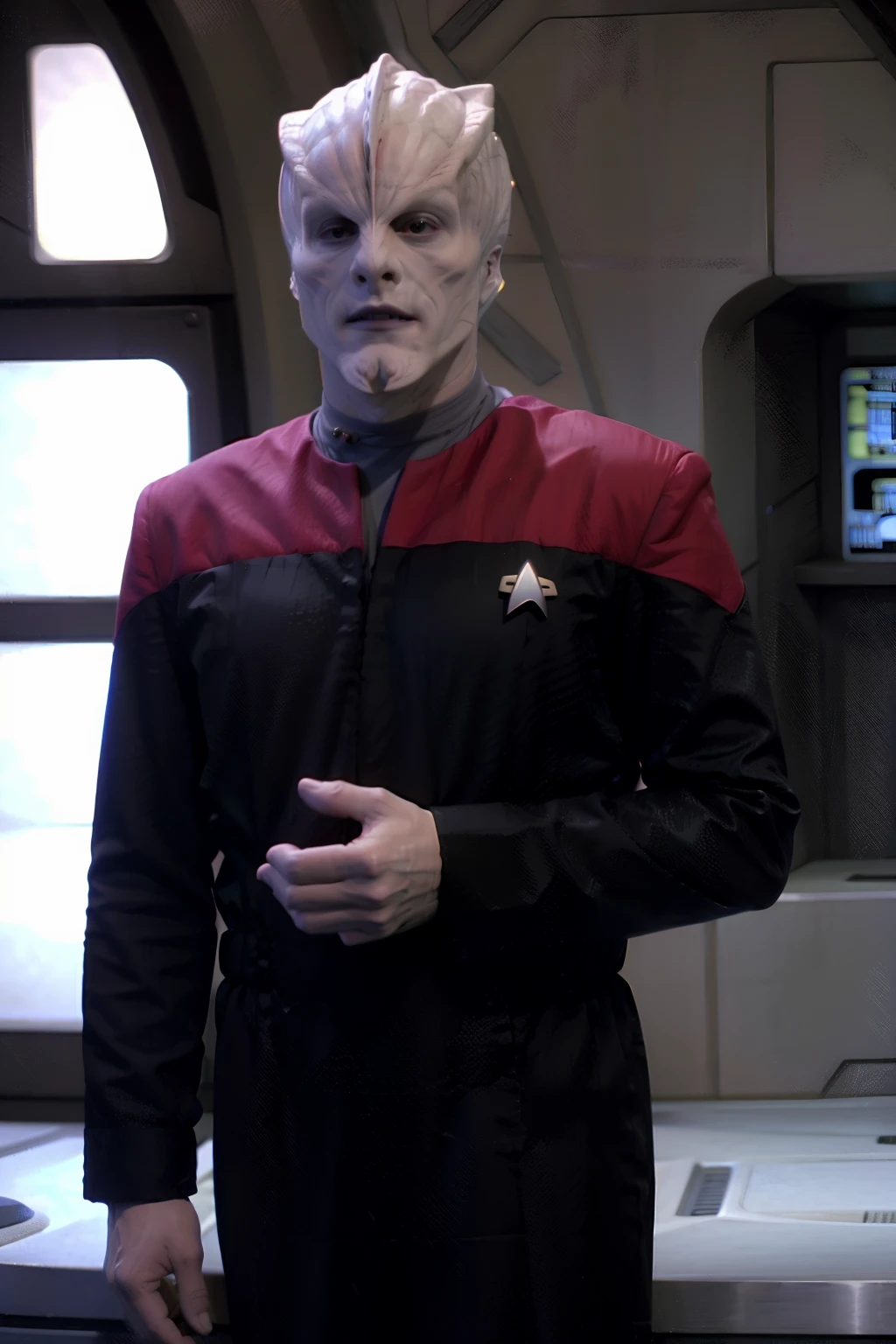krill, man, bald, white skin, scales, alien, spiked chin, in red voyunfm uniform, scifi starship background, <lora:VoyunfRefined:0.8>, <lora:race_orville_krill:0.8>