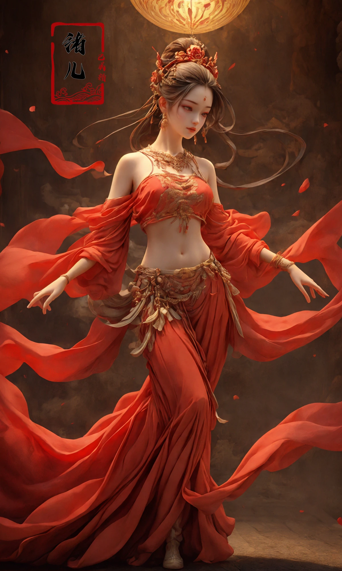 Epic CG masterpiece, hdr,dtm, full ha,8K, ultra detailed graphic tension, dynamic poses, stunning colors, 3D rendering, surrealism, cinematic lighting effects, realism, 00 renderer, super realistic, full - body photos, super vista, super wide Angle, HD
Dunhuang1girlsolojewelrylong hairhair ornamentblurry backgroundMilky skin, (shiny skin:1.6)
petalsfalling petalsnavelearringsbraceletbare shouldersstraplessred nails nail polishbandeau
Dunhuang style, Dunhuang mural background, influenced by ancient chinese art, daz3d, colorful costumes, Cyan red ribbon, uhd image, nostalgic paintings, tondo
A shot with tension(sky glows red,Visual impact,giving the poster a dynamic and visually striking appearance:1.2),Chinese Zen style,impactful picture,
(dark shot:1), shadows, darkness, rays of light, reflections, mist, smoke, halos, flickering, contrast, layered colors
<lora:~Q?-efqLY) Dunhuang:0.8> <lora:zhongfenghuaxiyou:0.5>