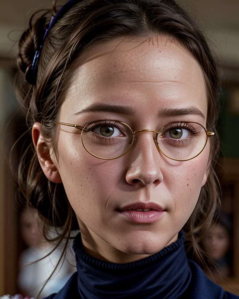 ChzAmyA, Shhhh!, medium close-up, (ultra-detailed for realism:1.3), photo of 1girl as a strict librarian, glasses, turtleneck, (angry expression:1.2), one finger held to own lips, hair in a sensible bun, skirt, (looking at viewer), perfect eyes, detailed skin, retro-futuristic library background, (masterpiece, best quality:1.5),