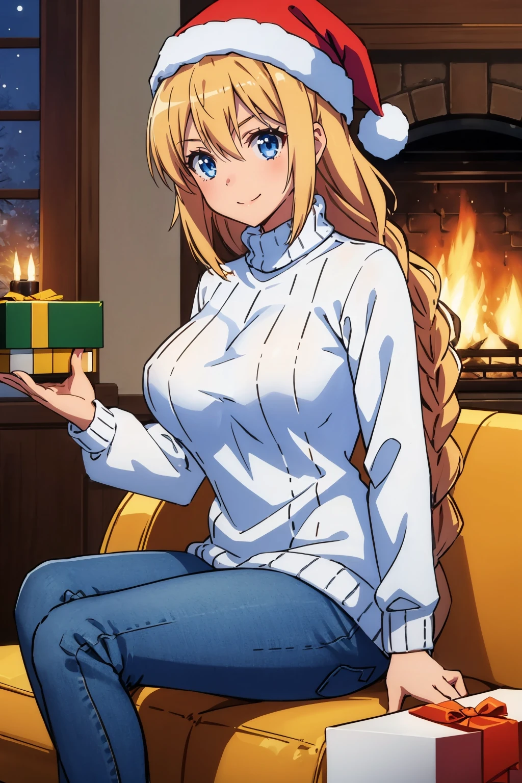 masterpiece, best quality, <lora:danchouarthur-nvwls-v1-000009:0.9> danchou, single braid, santa hat, large breasts, white sweater, cable knit, sitting, jeans, fireplace, christmas presents, couch, smile