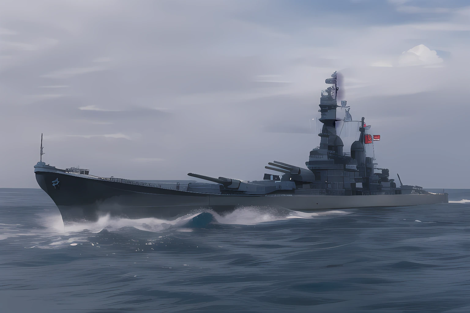 iowa, battleship, sailing through a storm, dark clouds, rain, waves,