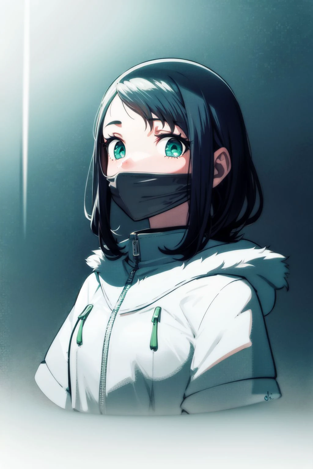 solo, 1girl, optimistic, dark blue hair, grey eyes, green luxury clothing, foggy atmosphere, arctic mountain, detailed background, surreal, <lora:tanziya_(codlxcold)_style_v02:1>