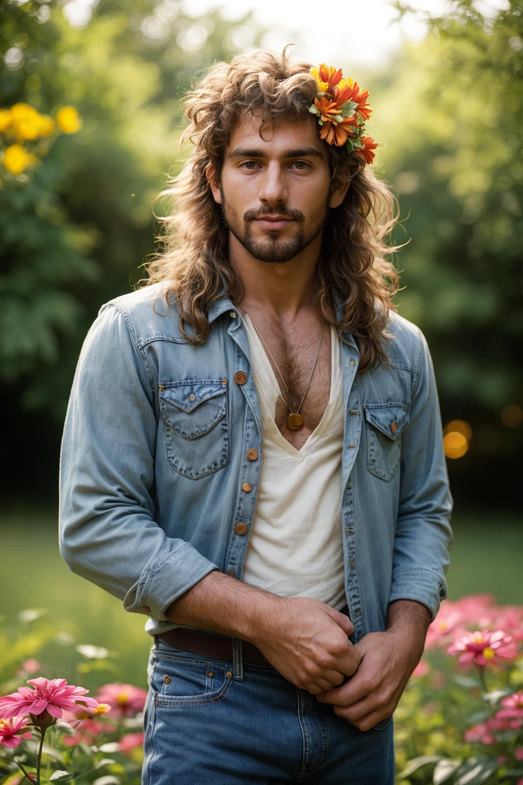 hasselblad photograph of, a 30yo male hippie, 1960s, natural light, skin texture, summer, hair flower, jeans, bokeh, sharp focus,