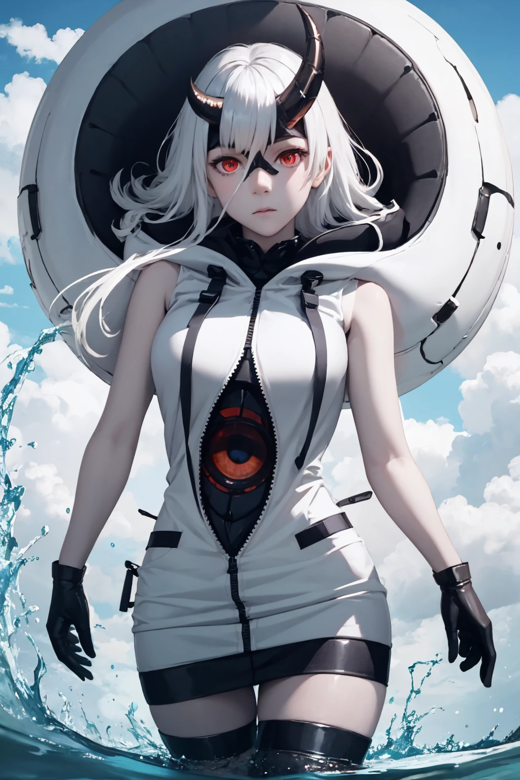 (masterpiece, best quality:1.2), solo, 1girl, kcheavycruiser, white skin, expressionless, looking at viewer, wading, asymmetrical horns, red eyes, sleeveless, hood, gloves, striped thighhighs <lora:kancolle_abyssal_heavycruiser-10:1>
