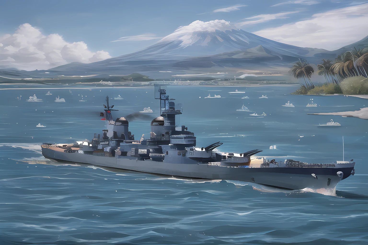 iowa, battleship, (in a lagoon:1.2), beach, palm trees, volcanoes, detailed, high definition, realistic,
