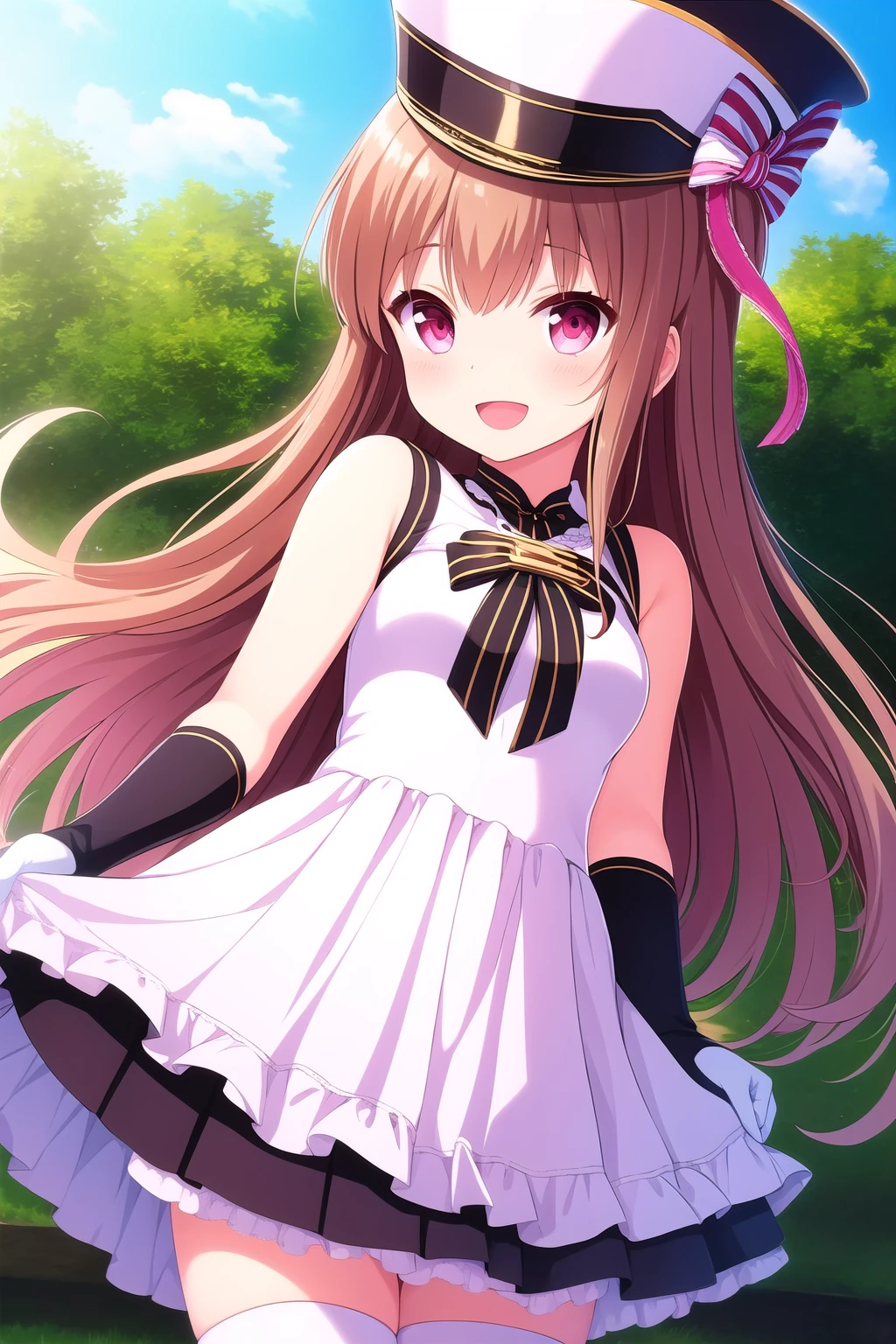 (masterpiece, best quality), highly detailed background, perfect lightingbest quality, asahinamomoko, solo, outdoors, shako cap, white headwear, brown hair, hair ribbon, white ribbon, one side up, side ponytail, long hair, pink eyes, layered dress, sleeveless dress, <lora:GoodHands-vanilla:1>, elbow gloves, white thighhighs, striped thighhighs, frills, band uniform, smile, open mouth, :d, pink lips, <lora:Asahina-Momoko:0.7>