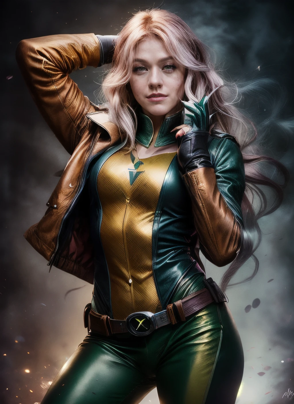 portrait of kmcnamara, happy, rogue x-men, epic (photo, studio lighting, hard light, sony a7, 50 mm, matte skin, pores, colors, hyperdetailed, hyperrealistic), <lora:add_brightness:.5> <lora:add_detail:1.0> <lora:kmcnamara:1.1>