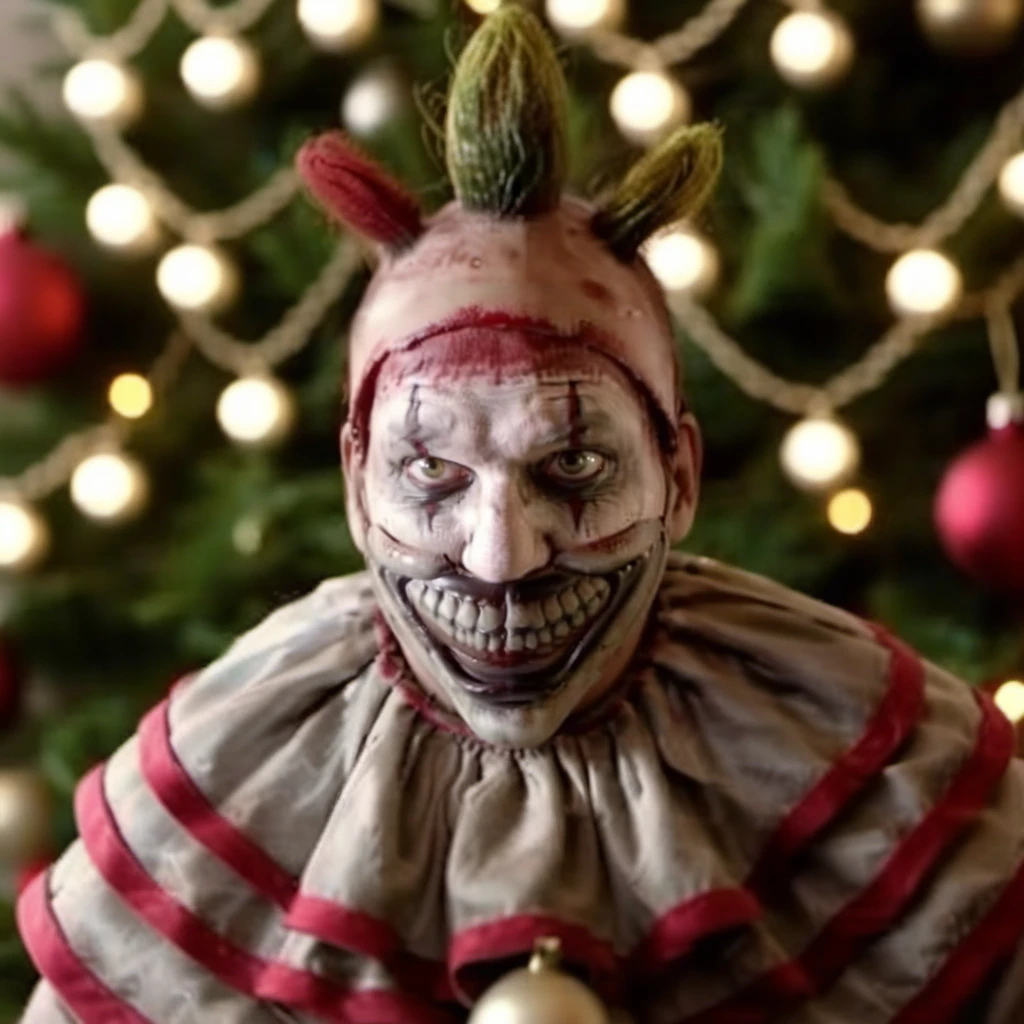 Twisty1024, a clown , christmas scenery, garlands, gifts, christmas tree, features intricate detail, detailed eyes, highly detailed, photography, ultra sharp, film, bokeh, professional, 4k <lora:Twisty1024:0.8>