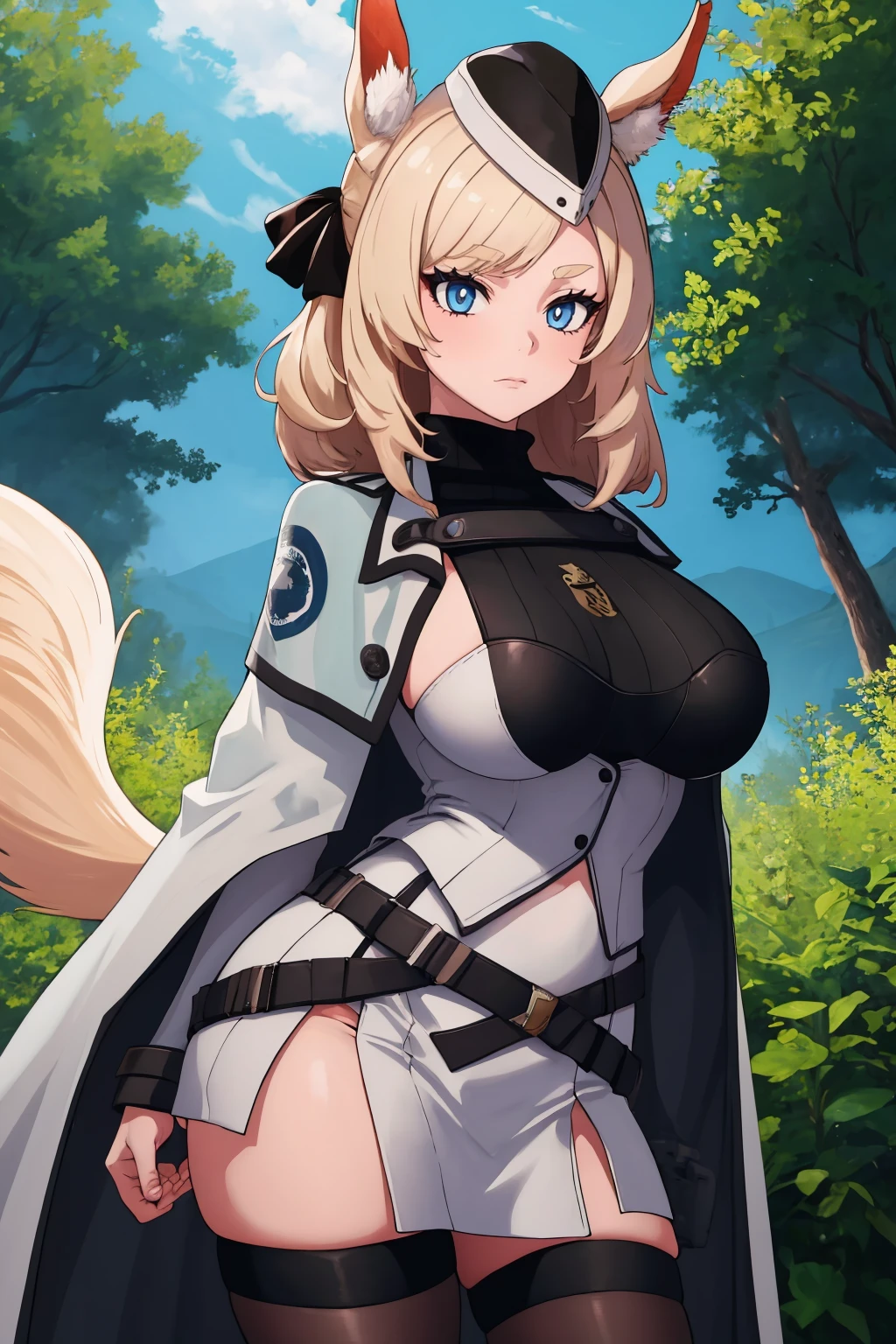 masterpiece, best quality, 1girl, solo, <lora:wishlash-ak-richy-v1:1> whislashdef, garrison cap, white cape, turtleneck, thighhighs, horse tail, standing