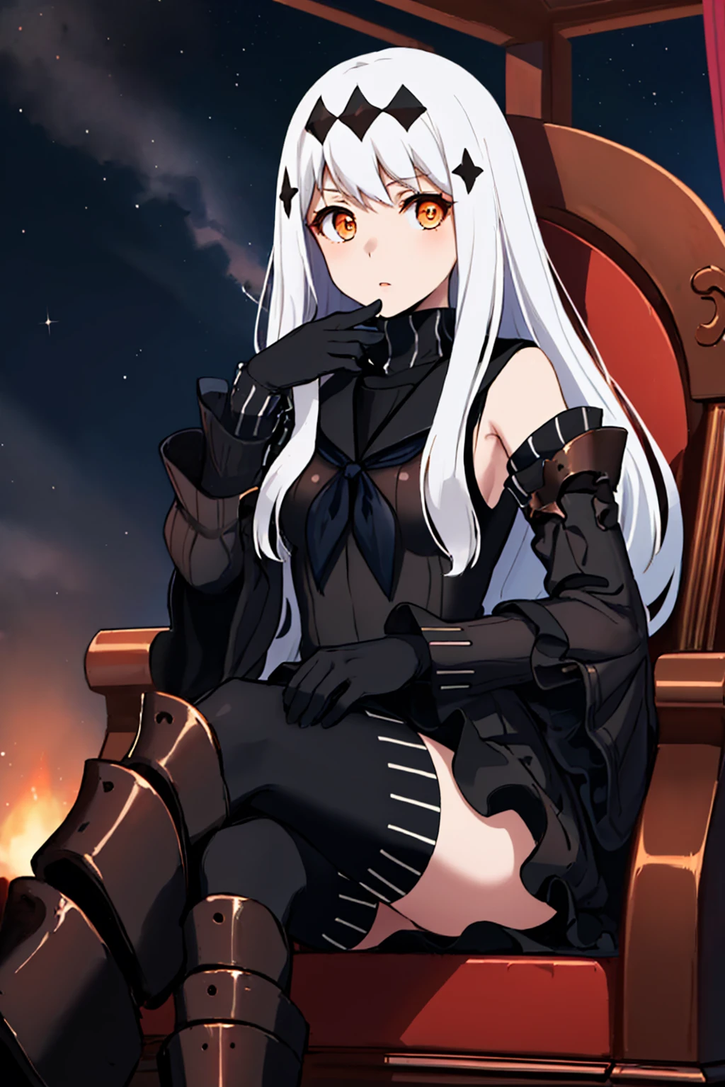 (masterpiece, best quality:1.2), night, star \(sky\), solo, 1girl, kcacwateroni, white skin, expressionless, looking at viewer, sitting, crossed legs, throne, hair ornament, orange eyes, black dress, sailor dress, detached sleeves, gloves, thighhighs, armored boots <lora:kancolle_abyssal_acwateroni:1>