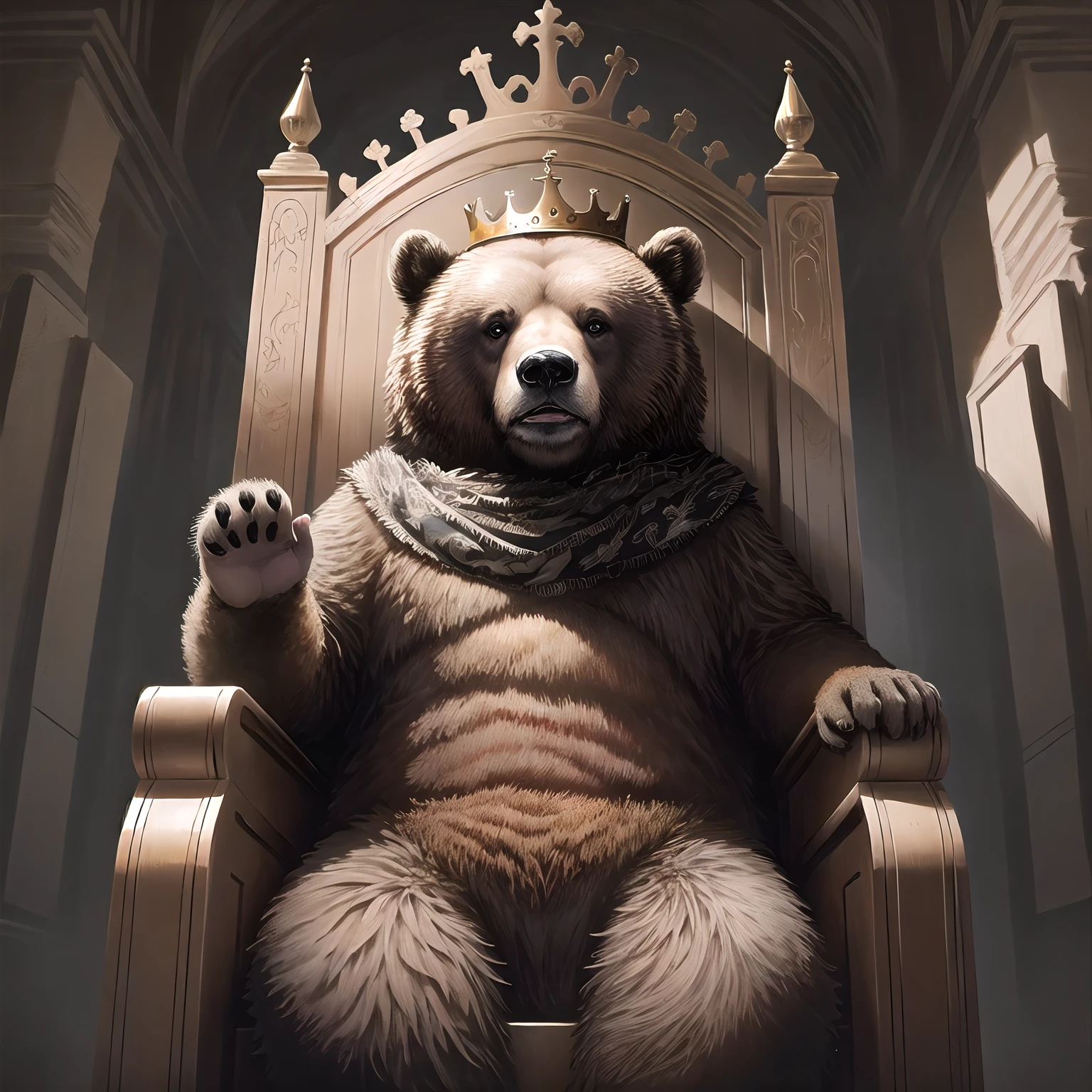 solo focus,masterpiece, hires,high resolution, best quality, <lora:I_am_the_king:0.8>, royalpresencearms, arms on armrest, brown bear, animal, sitting, throne, crown