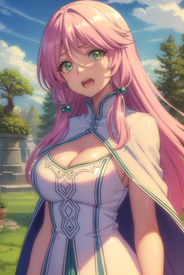 flarearlgrandejioral, <lora:flare arlgrande jioral s1-lora-nochekaiser:1>,
flare arlgrande jioral, long hair, (green eyes:1.5), pink hair, hair between eyes, frown, angry, open mouth,
BREAK dress, (white dress:1.5), cleavage, cape, (white cape:1.5), high collar, skirt, 
BREAK outdoors, forest, nature, trees, grass, sun, sky, clouds,
BREAK looking at viewer, (cowboy shot:1.5),
BREAK <lyco:GoodHands-beta2:1>, (masterpiece:1.2), best quality, high resolution, unity 8k wallpaper, (illustration:0.8), (beautiful detailed eyes:1.6), extremely detailed face, perfect lighting, extremely detailed CG, (perfect hands, perfect anatomy),