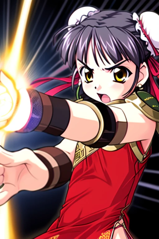 <lora:Kounyan:0.8> Kounyan, 1girl, solo, bun cover, hair bun, double bun, yellow eyes, black hair, ribbon, armlet, upper body, hair ribbon, short hair, bangs, outstretched arms, bracelet, red dress, armor, chinese clothes, dress, open mouth,
kamehameha, aura,
