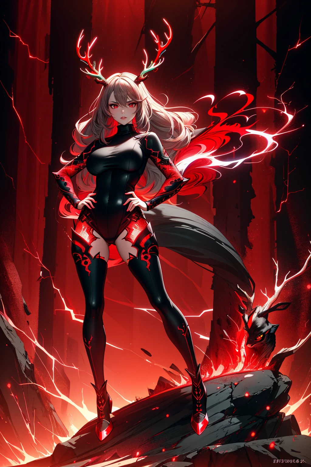 ((Masterpiece, best quality,edgQuality)),((full body)),standing, posing for a picture
edgrageaura, a woman wearing an turtleneck,red aura,wearing red light coating,deer antlers,red electricity
 <lora:edgRageAura:0.8>