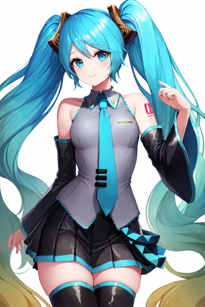 masterpiece, best quality, <lora:SonaV1:1>, sona \(league of legends\), blue hair, blue eyes, gradient hair, twintails, hair ornament, <lora:MikuOutfit-14:0.7>, miku outfit, sleeveless shirt, grey shirt, detached sleeves, necktie, arm tattoo, skirt, thighhighs, thigh boots,