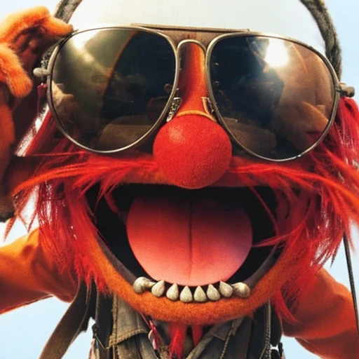 ((( a man flying a ww2 plane with sunglasses))) <lora:TheAnimalLoRA:0.8> theanimal, red hair, spiky teeth, bushy eyebrows, red full beard, collar with spikes, wristband with chains, <lora:real_slider_v2:-4>