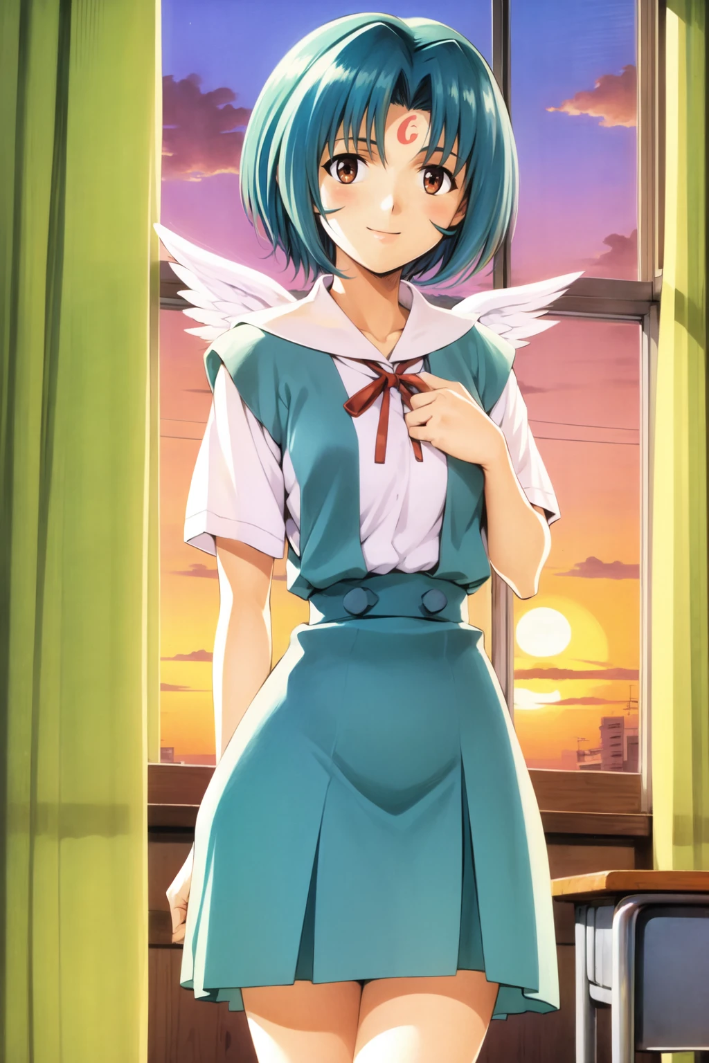 subaruha, 1girl, solo, wings, smile, school uniform, tokyo-3 middle school uniform, classroom, sunset, window, curtains, traditional media, green hair <lora:subaruha_V2-10:0.7> <lora:Sadamoto Yoshiyuki:0.2> <lora:tokyo-3_middle_school_uniform_v102:1>