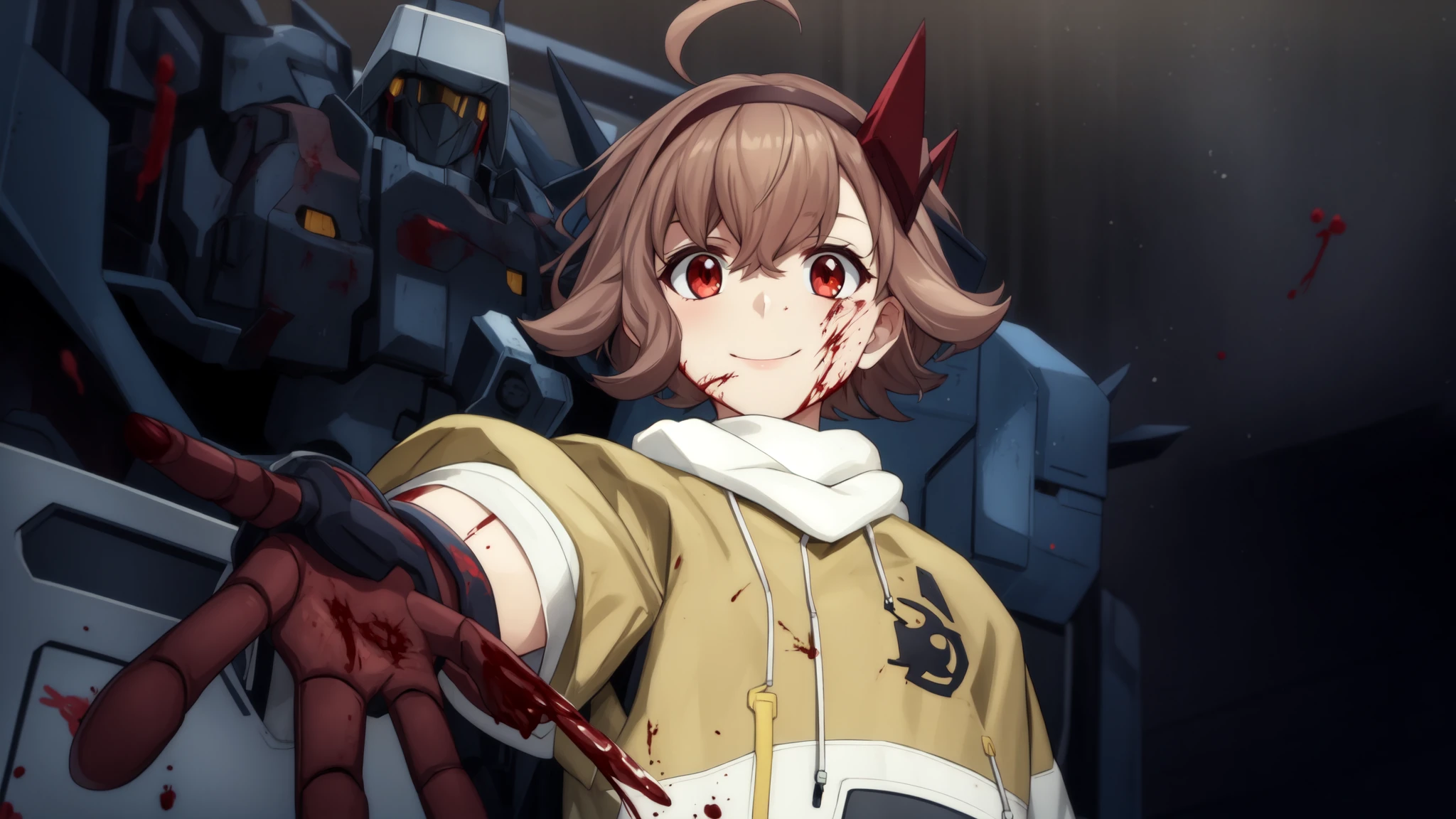 atramixta, 1girl, solo, mecha, blood, robot, hairband, black hairband, smile, mobile suit, looking at viewer, upper body, ahoge, v-fin, blood on hands, hoodie