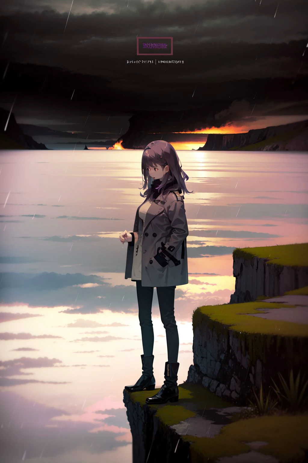solo, 1girl, surprised, medium breasts, dark purple hair, light brown eyes, dark grey trench coat, raining, foggy atmosphere, arctic ocean, cliff, detailed background, nature, surreal <lora:kukka_style_v02.05.05.01:1>