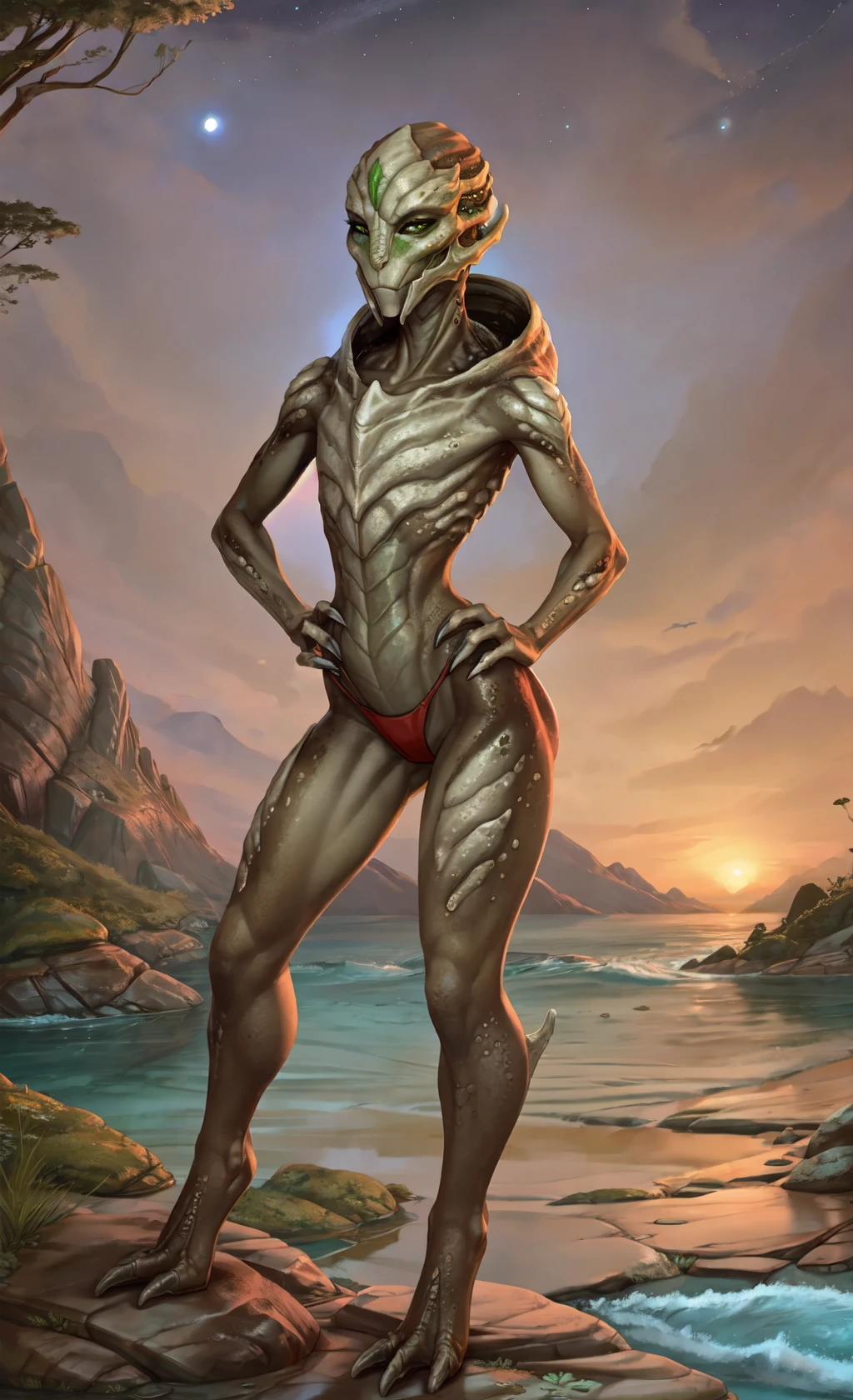 by yellowroom, by Etskuni, by miles_df, (full-length portrait:1.2), (three-quarter view:1.2), (detailed background:1.2), (alien planet landscape:1.4), (stars, science fiction:1.1), outside, plant, (flowers:0.9), beach, (water, sunset:1.4) BREAK
brown skin, (light faceplate:1.2), (green facemark:1.1), tall, (female:0.9), (turian:1.3), alien, (scalie:0.9), green eyes, shy, (slit pupils:1.3), (eyelashes, eyeliner:1.2), (hands on hips, seductive, bedroom eyes, smile:1.2), mass effect, (bikini, flat chested:1.2), standing, (pinup, pose:1.2), digitigrade, (topless:1.3), furgonomics, jewelry, 3 fingers, legs <lora:Femtur_v1.3:1.0>