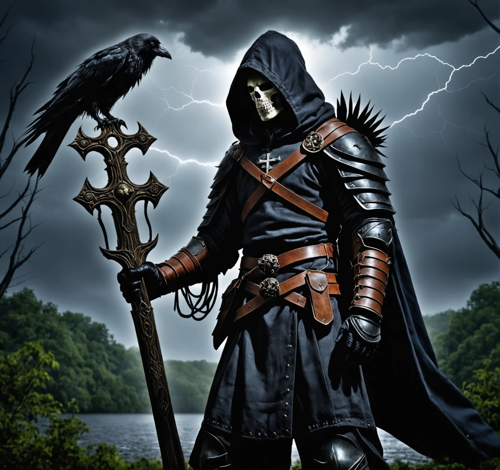 LegendDarkFantasy  solo,1 boy,standing,holding a weapon in his hand,male focus,outdoors in the forest, hood, armor, cross, shoulder armor, gauntlets, scabbard,nature, hood raised, shoulder pads,skull, crow on shoulder, dark night, thunderstorm, <lora:LegendDarkFantasy-000001:0.8>