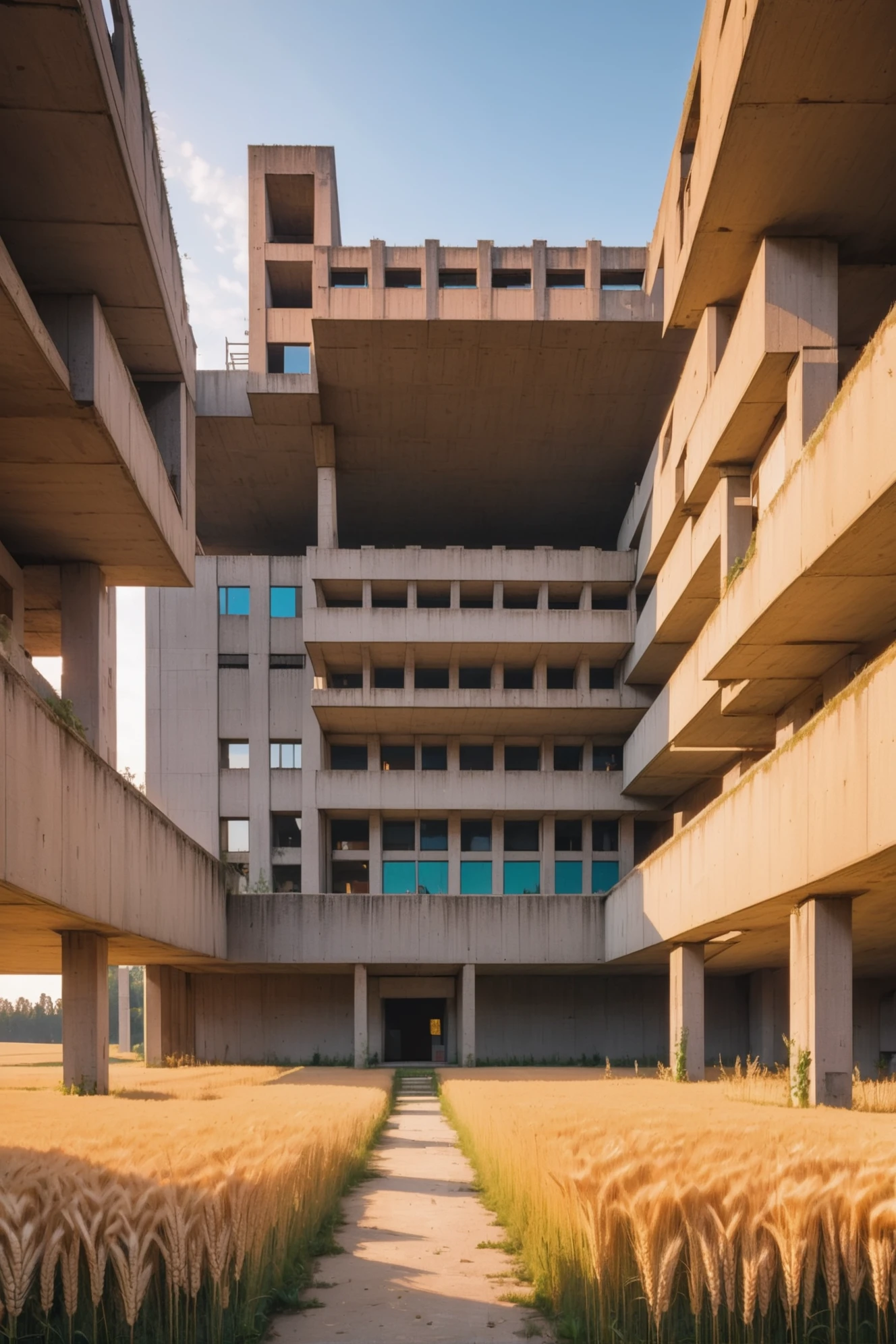 reclaimed brutalism, colorful, well-lit interior, in a Homely Golden wheat field at dusk<lora:EnvyReclaimedBrutalismXL01:0.8><lora:EnvyBetterHiresFixXL01:0:hr=1>