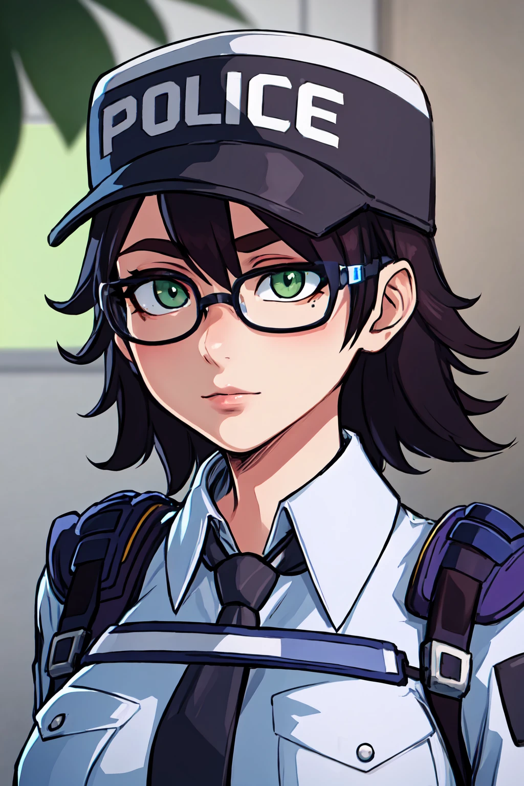 portrait, sharp focus, soft lighting,  (highly detailed face), (highly detailed eyes), illustration, depth of field,  mariewentz, black-framed eyewear, green eyes, police hat, breast pocket, clothes writing, necktie, police uniform, policewoman,    <lora:mariewentz-000003:0.75>  <lora:asanagi:0.35>