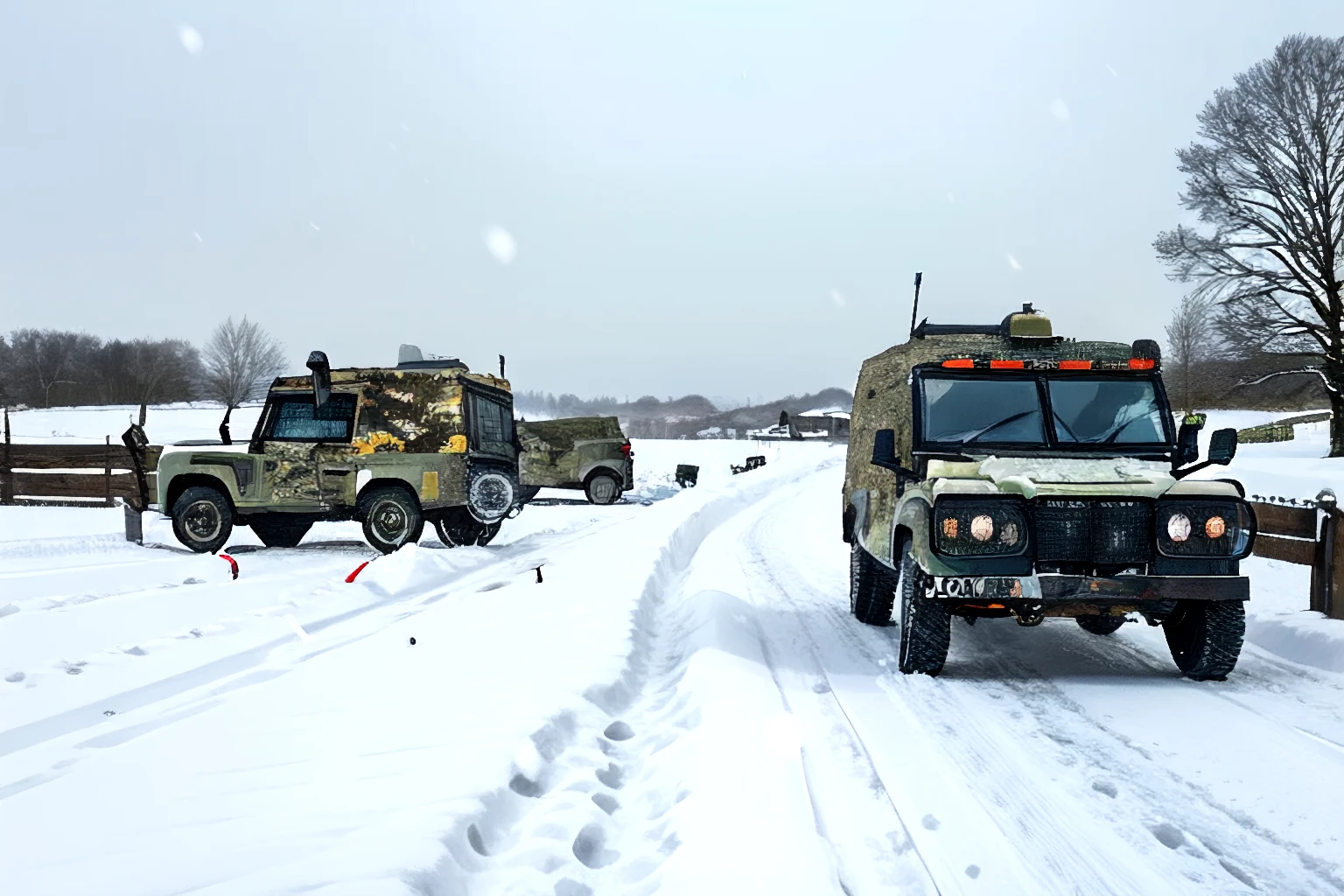 snatch, land rover, waiting in the snow, ice, trenches, blizzard, with crew, camouflage,