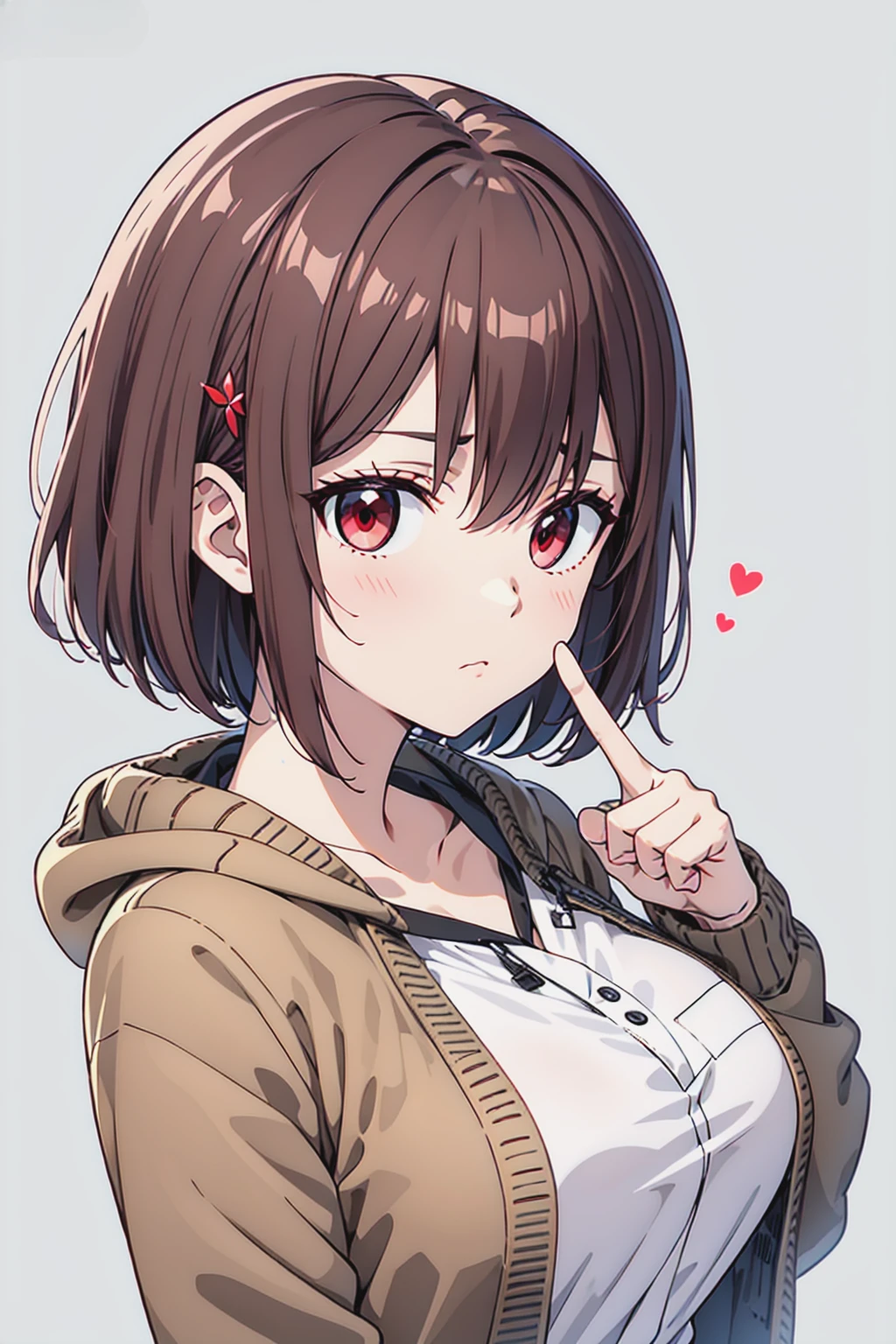 kawaii,cute,
1 girl, solo,
cranberry hair, pixie cut, bangs, hair ornament,
red eyes,
point finger,
close view, from adove,
serious,
Oversized cardigan with patch pockets and a hood,
large breasts,
BREAK
simple background