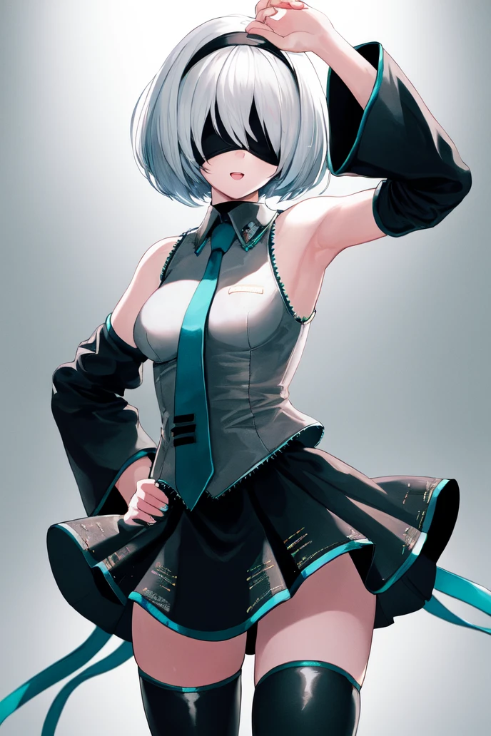 masterpiece, best quality, 1girl, bob cut, white hair, yorha no. 2 type b, blindfold, headband, <lora:MikuOutfit-14:0.7>, miku outfit, sleeveless shirt, grey shirt, detached sleeves, necktie, arm tattoo, skirt, thighhighs, thigh boots