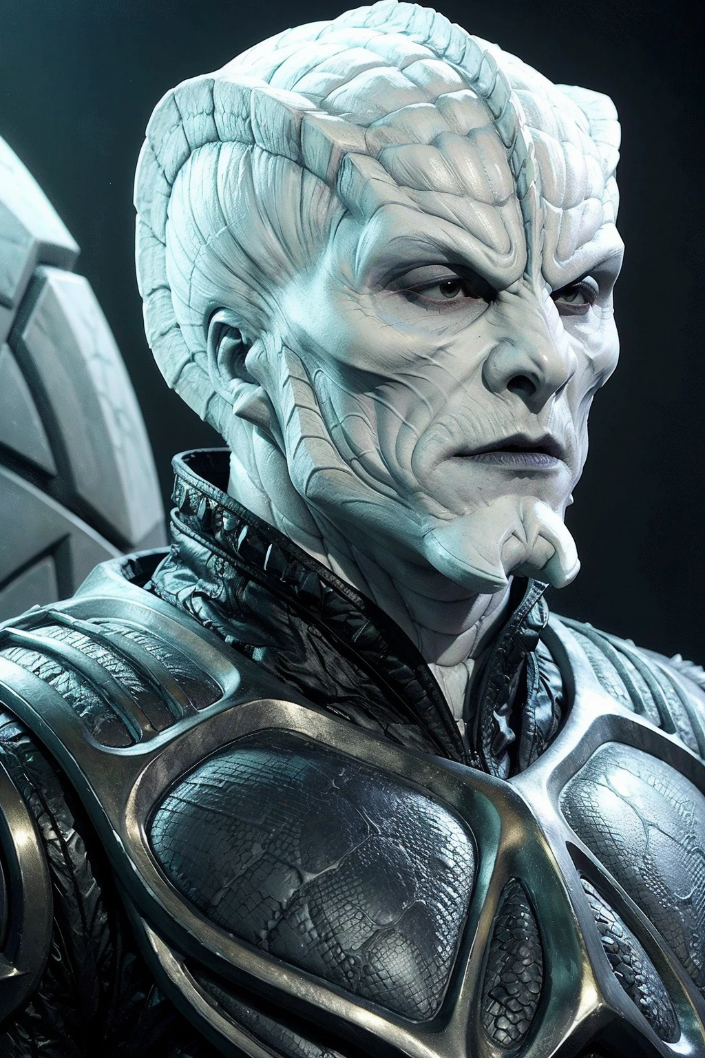 krill, man, bald, white skin, scales, alien, spiked chin,black armor, scifi starship background,  <lora:race_orville_krill:0.7>