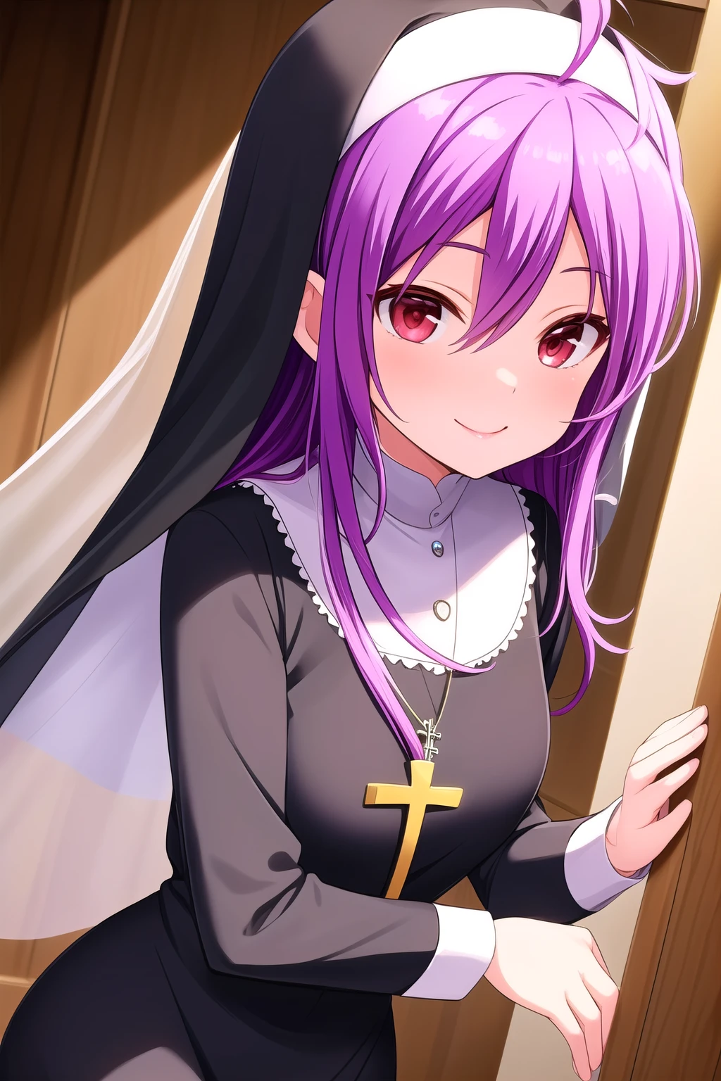 (masterpiece, best quality), highly detailed background, perfect lightingbest quality, shinonomerei, solo, indoors, nun, veil, purple hair, antenna hair, bangs, hair between eyes, messy hair, long hair, red eyes, necklace, jewelry, cross necklace, black dress, long sleeves, <lora:GoodHands-vanilla:1>, smile, closed mouth, :), pink lips, <lora:Shinonome-Rei:0.7>