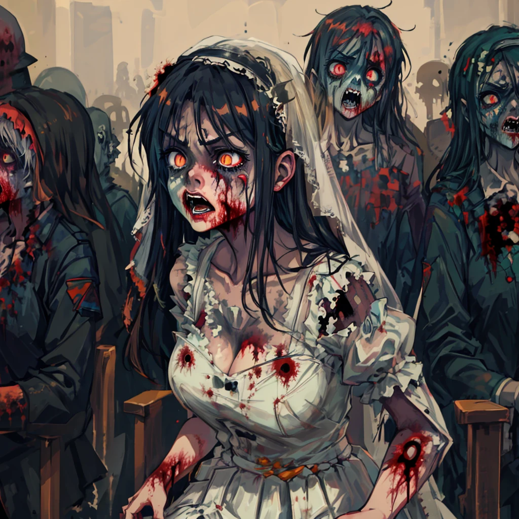 (zombie girl face:1.4),a bride,zombie face,angry face,hair with strands of gray hair,open mouth,rotten,in a dirty torn wedding dress,a dress in red liquid paint,in a veil,wounds,abrasions,cuts,bruises,bullet holes on the body,in the background a church cathedral,cemetery,detail face,detail backgrounds little blur,reflection from wet,not much light on models,correct shadows,HDR,photorealistic,professional photo,gloomy style,<lora:ZombieAnimationV1:0.7>,