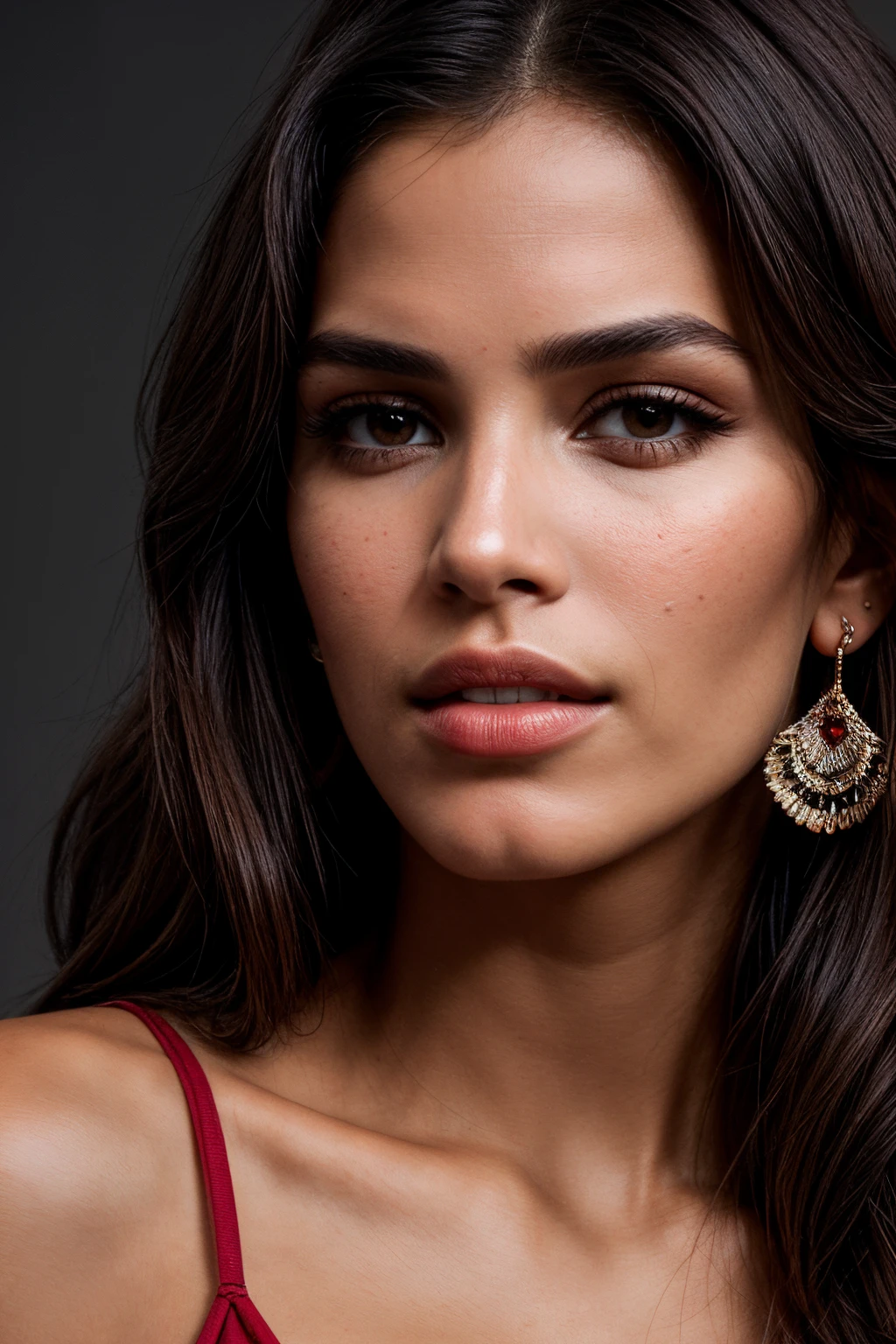 photo of (EPR41c40l1v31r4:0.99), a beautiful woman, closeup portrait, perfect hair, (modern photo, vermilion dress), 24mm, (analog, cinematic, film grain:1.3), (plain Agreeable brown background, gradient:1.2), detailed eyes, (seductive pose), (epicPhoto), (looking at viewer), earrings