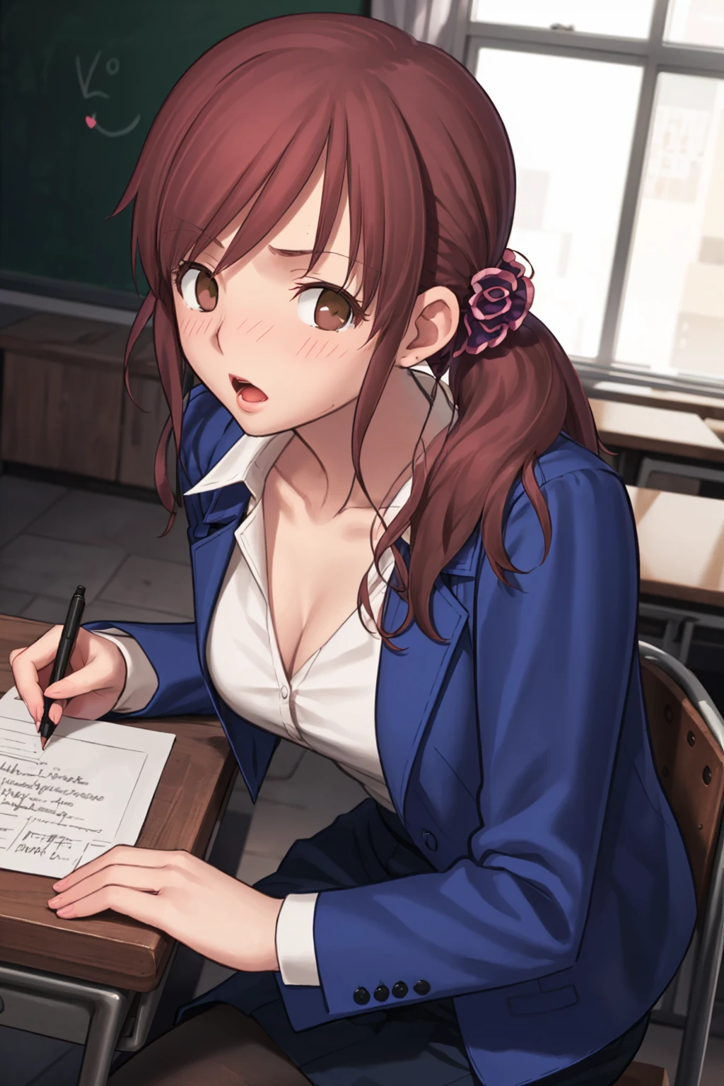 masterpiece, best quality, highly detailed, 1girl, solo, <lora:Tsukihime_Noel_Aizome_v2:0.8>, noel_teacher, (classroom, writing, sitting, behind teacher's desk:1.5), from side, (office lady:1.3), (upper body, closeup:1.2), (blue jacket, blue skirt, long sleeves:1),(pencil skirt, miniskirt:1.3), collarbone, partially unbuttoned, cleavage, mini skirt, thighs, black pantyhose, black pumps, high heels, low ponytail, purple scrunchie, hair scrunchie, hair on shoulder, swept bangs, wide hips, thicc thighs,(eyes wide open, surprise:1.5), full face blush, (pov:1.5), (looking at viewer:1.5), open mouth,