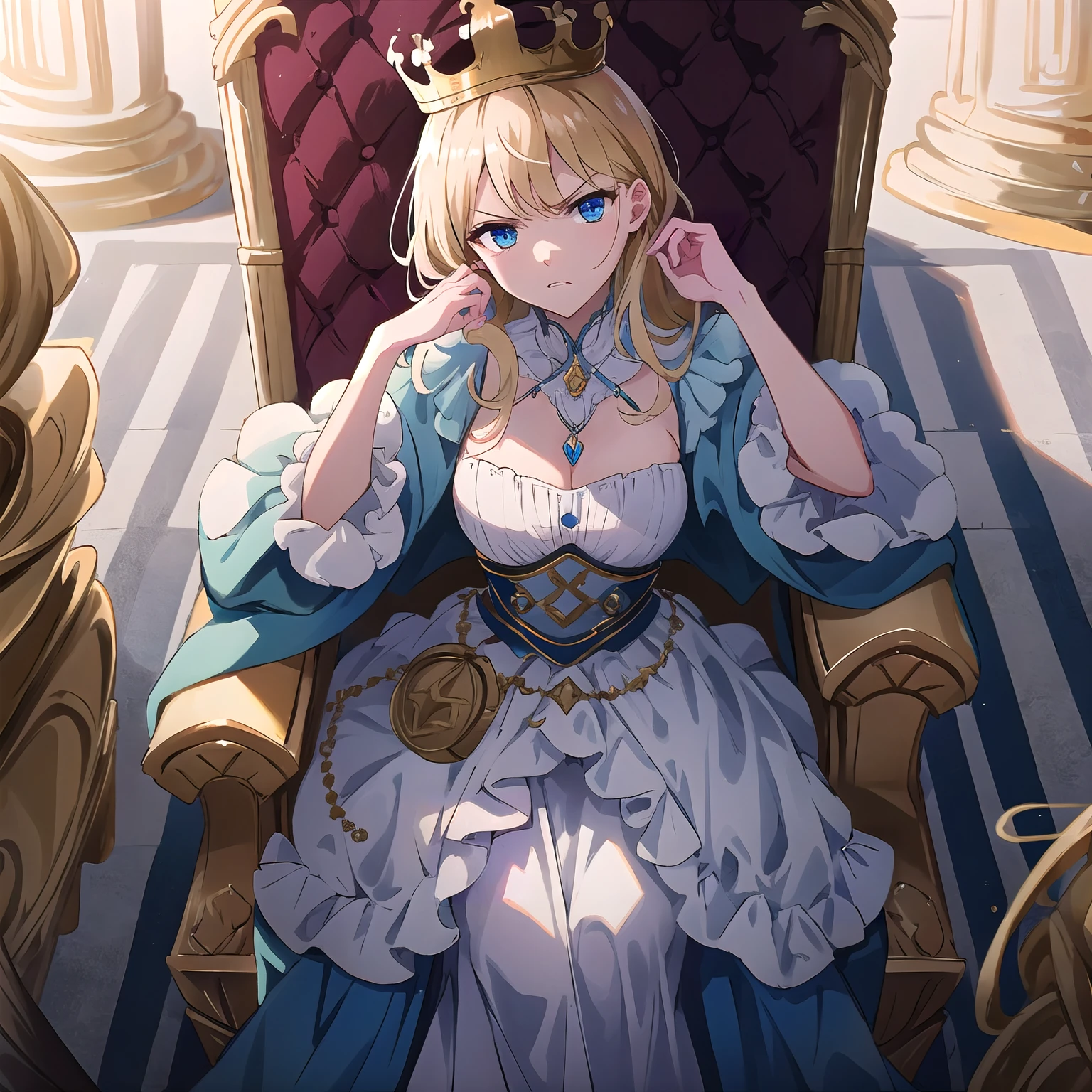 solo focus,masterpiece, hires,high resolution,medium breasts, blond hair, blue eyes, best quality, <lora:I_am_the_king:0.8>, royalpresence, head tilt, angry, (adjusting hair), queen, dress, golden detail, huge throne, sitting, from above, close up, crown