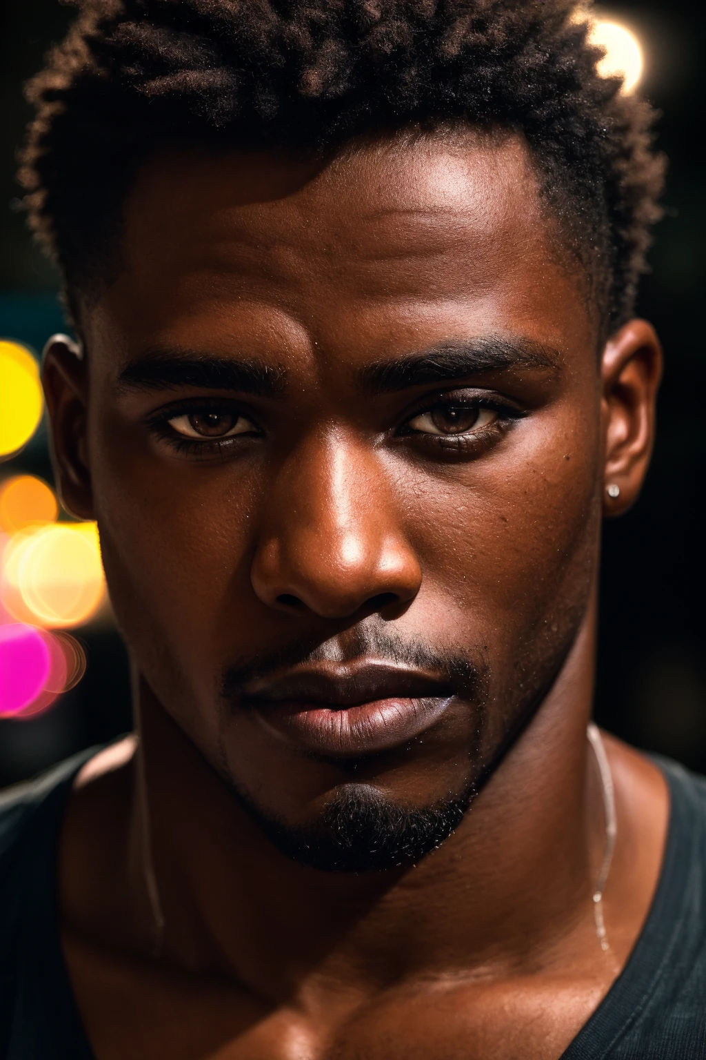 (solo, male), gritty analog photograph of, a 25yo black male, (close-up portrait), skin texture, thick lips, unkempt, reflected light, bokeh, neon,