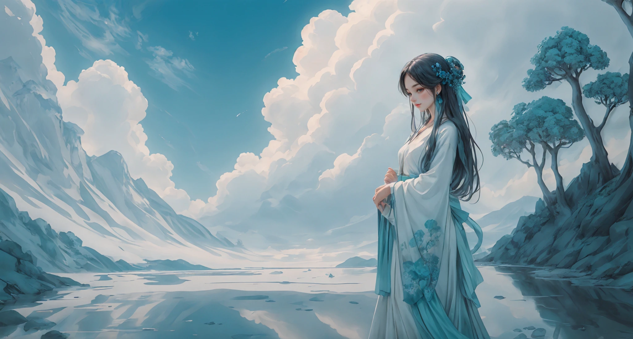 masterpiece, best quality,(1girl, solo,:1.5) 8kabsurdly long hair, solo,outdoors, rain, Low contrast((neck)),(((back))),Dynamic Angle, Perspective, High Point,povlake(byobu:1.5),ancient china, landscape garden, pavilion, pool, Mahogany chair, open view, rockery, ancient Chinese wooden architecture,  Corridor bridge, return to the ancients, oil lamp peaceful, beautiful, cozy, scenery with hills and waters.
earrings,looking down, long sleeves,hair flower, hanfu,hair ornament,blue dress, bracelet, , beads, tassel,dress, holding,closed mouth, shawl, blue flower, stand(Slim body:1.1)(long legs:1.5), (white hair, Braid:1.5)
chinese clothes, Chinese architecture, hanfu, long sleeves, bangs, wide sleeves, very long hair, architecture, bridge, chinese clothes, scenery,
mountain, half updo, closed mouth, tree, ribbon, hair ribbon, plantIt's raining, foggy,(full body:1.2)side shotsilk hanfu
A shot with tensiondetailed backgroundDouble exposure,masterpiece, professional artwork, famous artwork, Buddha statue
(an extremely delicate and beautiful), (Beautiful and detailed eye description), (Beautiful and detailed facial depiction), ((Gloom)), ((shiny skin)),
((only water)), Clear and turquoise sky, Water as smooth as a mirror, petal, There are clouds where water and sky connect, (Colorful clouds), depth of field, beautiful detailed sky,
Cyan sky, beautiful detailed cloud, beautiful detailed water, reflection pool, dynamic angle, floating, finely detail, (bloom), (shine), glinting stars,  feather,nature,(sunlight), fairyland  
<lora:20230529200055:0.3>