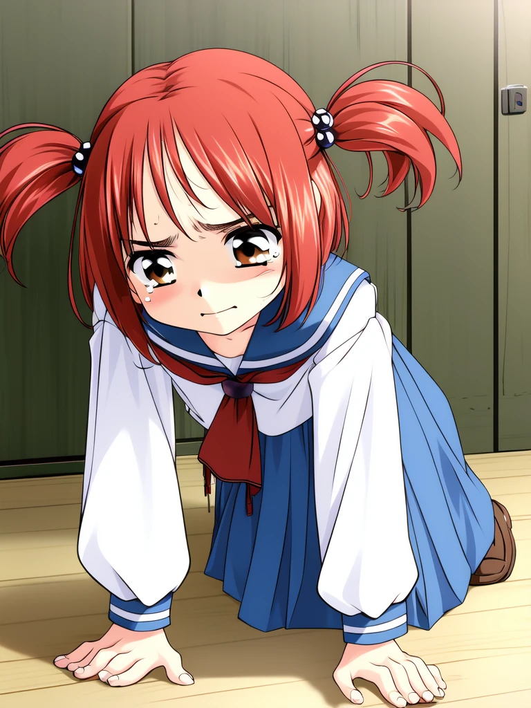 <lora:Megumi:1>Megumi, 1girl, soro, school uniform, twintails, serafuku, long sleeves, red hair, angry, skirt, short hair, hair bobbles, brown eyes,all fours, tears, closed mouth,