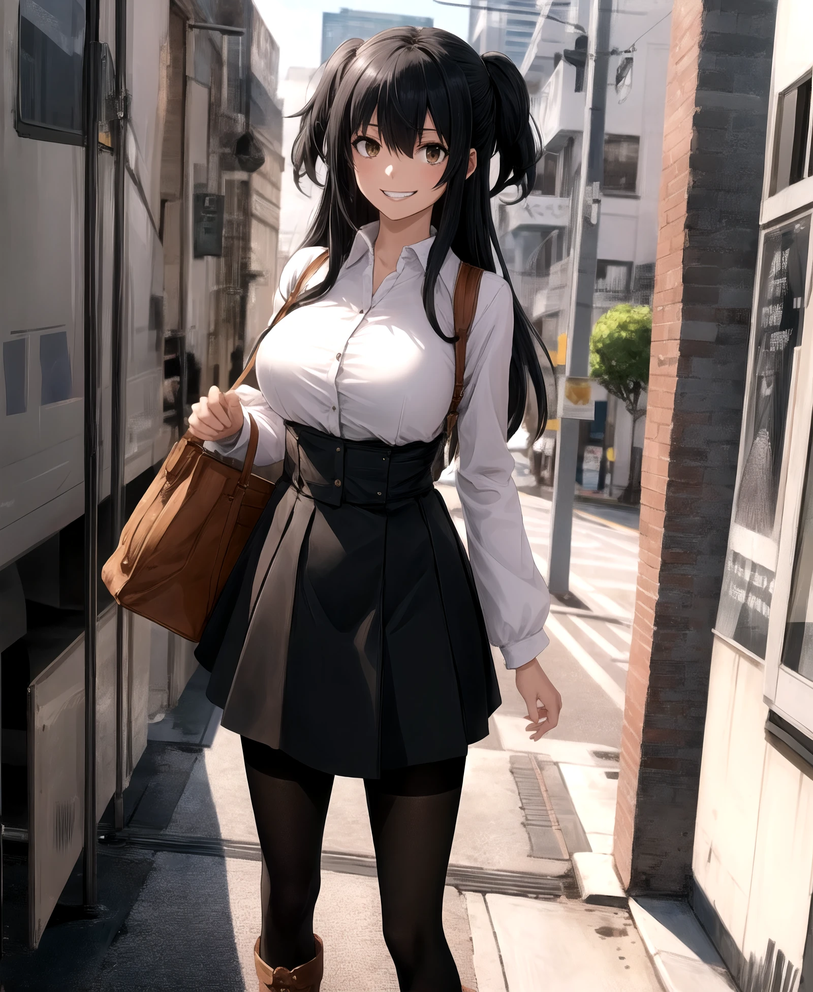 grin,, rakko yumiya, 1girl, solo, long hair, breasts, looking at viewer, smile, bangs, skirt, large breasts, shirt, black hair, long sleeves, HDR, black skirt, two side up, black pantyhose, brown footwear, <lora:Yumiya_Rakko_l:1>