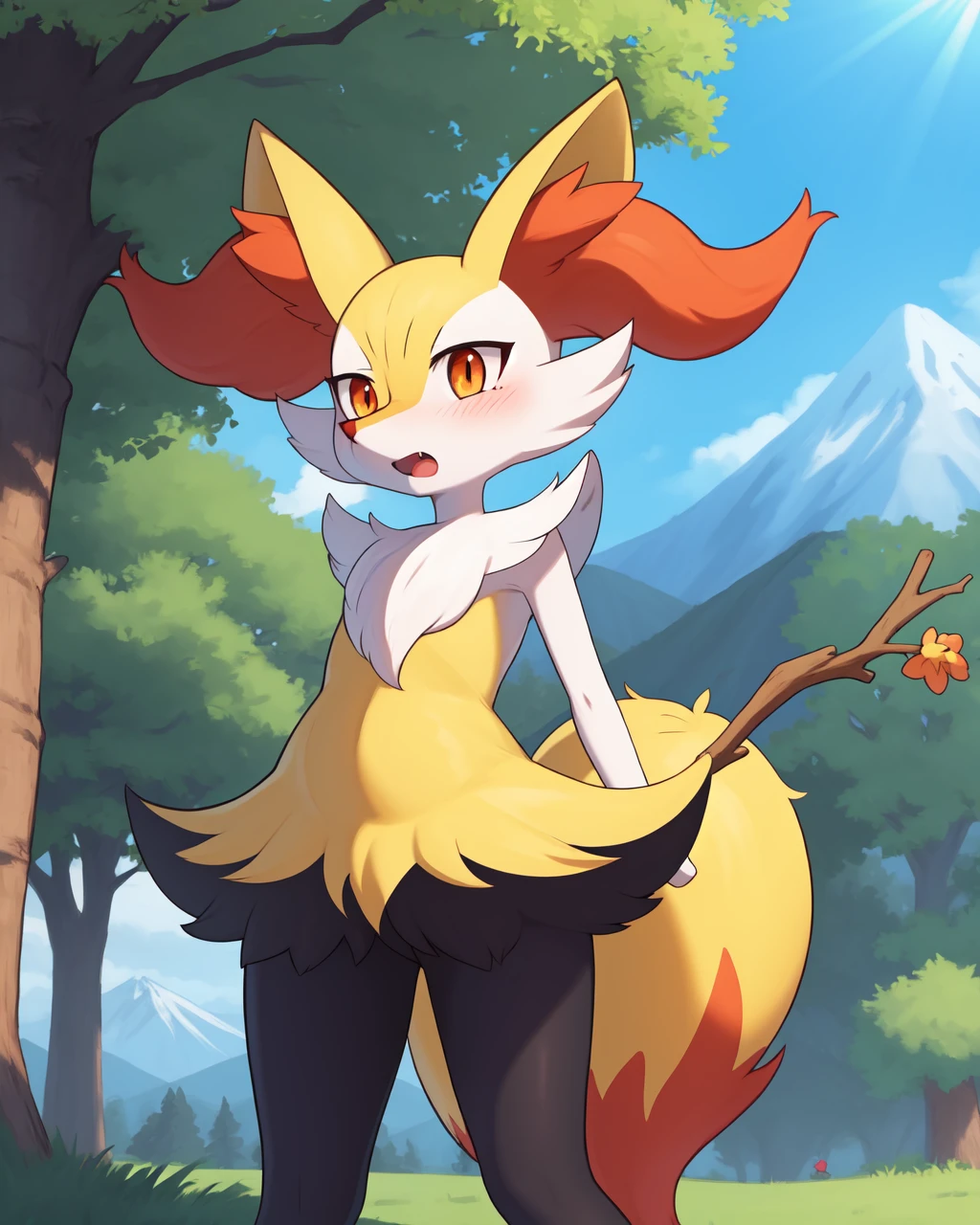 1girl, solo, looking at viewer, blush, open mouth,  red eyes, outdoors, tree, mountain, holding, animal ears, standing, tail,  fang,  flat chest, orange eyes, animal ear fluff, fox ears, pokemon (creature), fox tail,  fox girl, furry, fur collar, furry female, body fur, white fur, animal nose, snout, stick, yellow fur, black fur, holding stick, , multicolored fur , braixen, 8K, masterpiece, beautiful