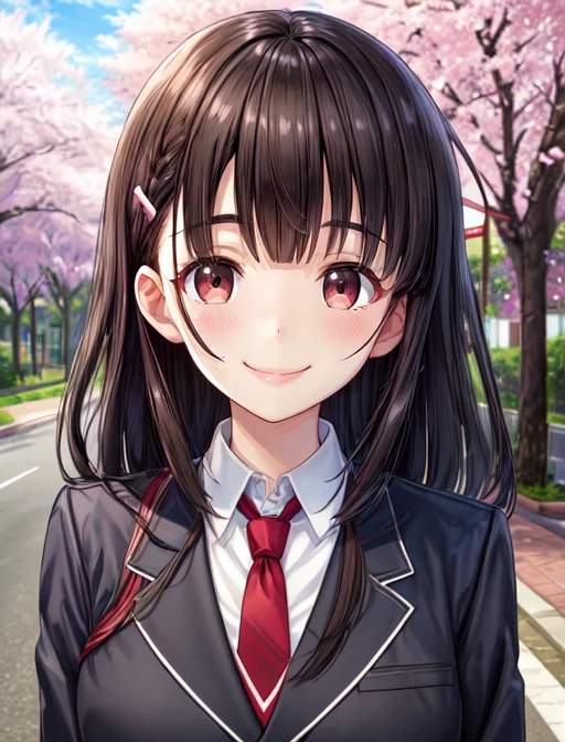 best quality, masterpiece, highres, detailed, digital artwork, <lora:Detail - add_detail:0.2>, IridoYume, black hair, blunt bangs, brown eyes, hair clip, <lora:Character - IridoYume:0.8>, student uniform, road, streets, cherry blossoms, blush, smile, red necktie,