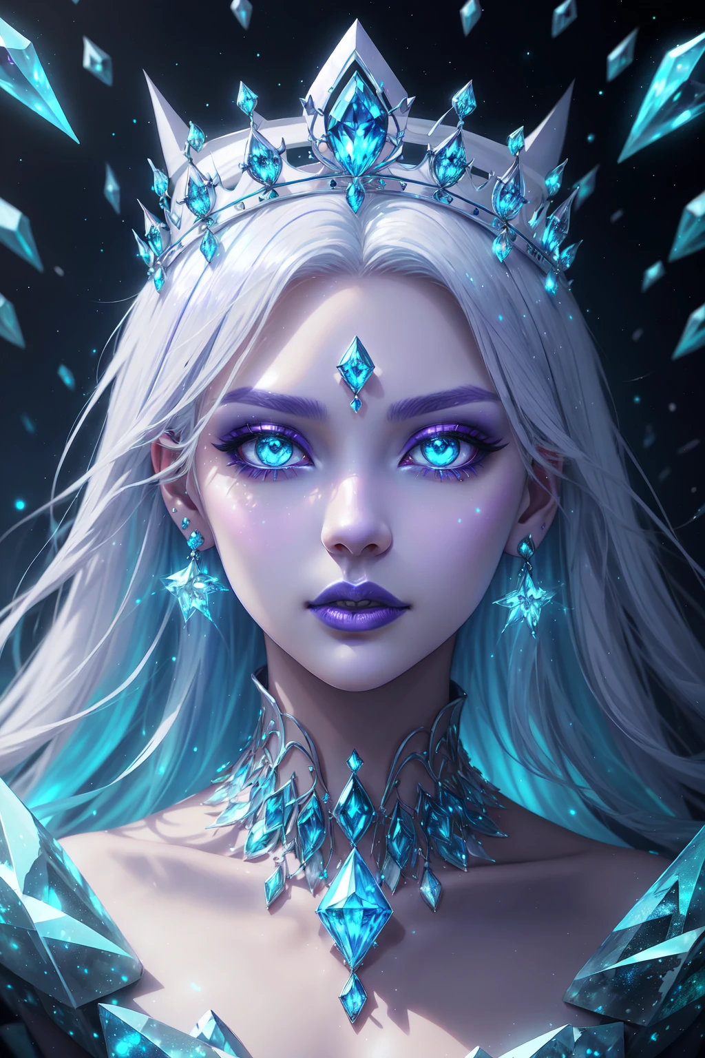 FrostedEpochElves, 1girl, solo, long hair, looking at viewer, blue eyes, jewelry, closed mouth, blue hair, upper body, white hair, earrings, makeup, glowing, tiara, crown, lipstick, gem, portrait, glowing eyes, ice, blue theme, crystal, purple lips <lora:FrostedElves:0.65>