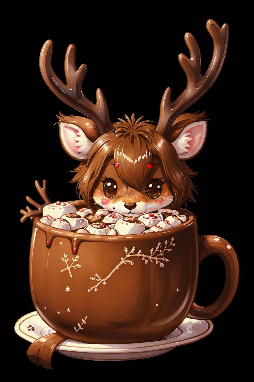 ChristmasFood, solo, looking at viewer, blush, simple background, 1boy, brown eyes, food, cup, no humans, :3, blush stickers, black background, furry, strawberry, antlers, in container, coffee, deer ears, reindeer, in cup, traditional art, 