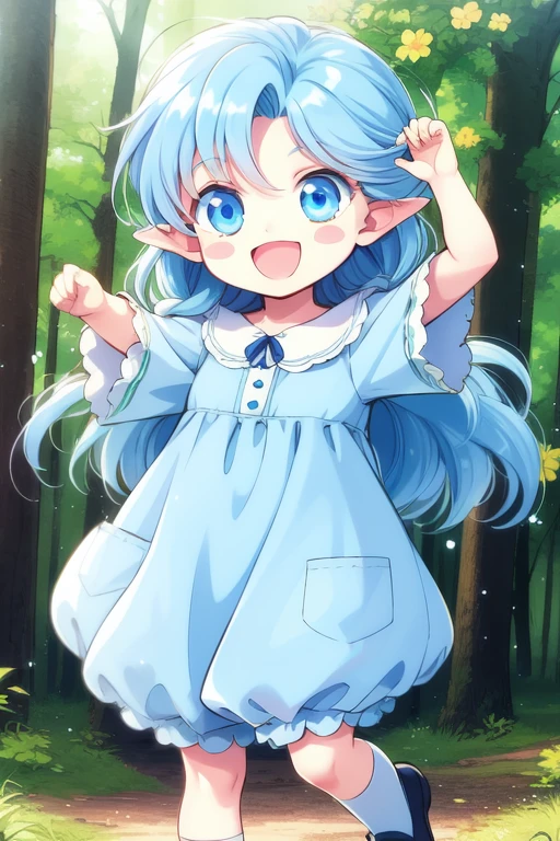 <lora:Rumi_FQ_Ver2:0.8> Rumi, 1girl,  blue eyes, solo, blue hair, shoes, flower, smile, lightblue_dress,, open mouth, forest, long hair, bloomers, blush stickers, :d, hair flower,
masterpiece, best quality,4k,8k, 1990s \(style\),