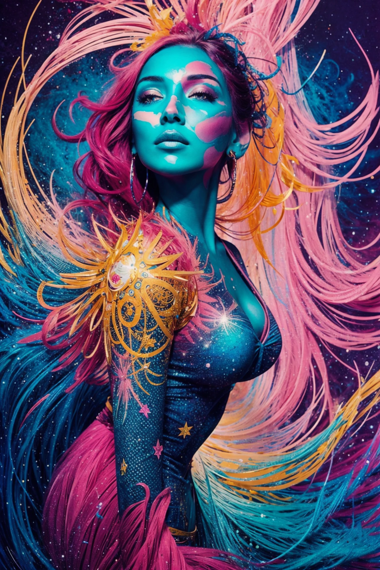 ((Best Quality, 8k, Masterpiece :1.3)) beautiful woman: 1.3, beautiful face, one leg up, full body woman over 24 years old, saturated colors, psychedelic image, LSD, mandala, fractral, costume, tattoo, painted body, bride, body leaning forward, art similar to Alex Grey's art, lots of color saturation, woman, vortex, ultra realistic, planet earth, galaxy --auto --s2