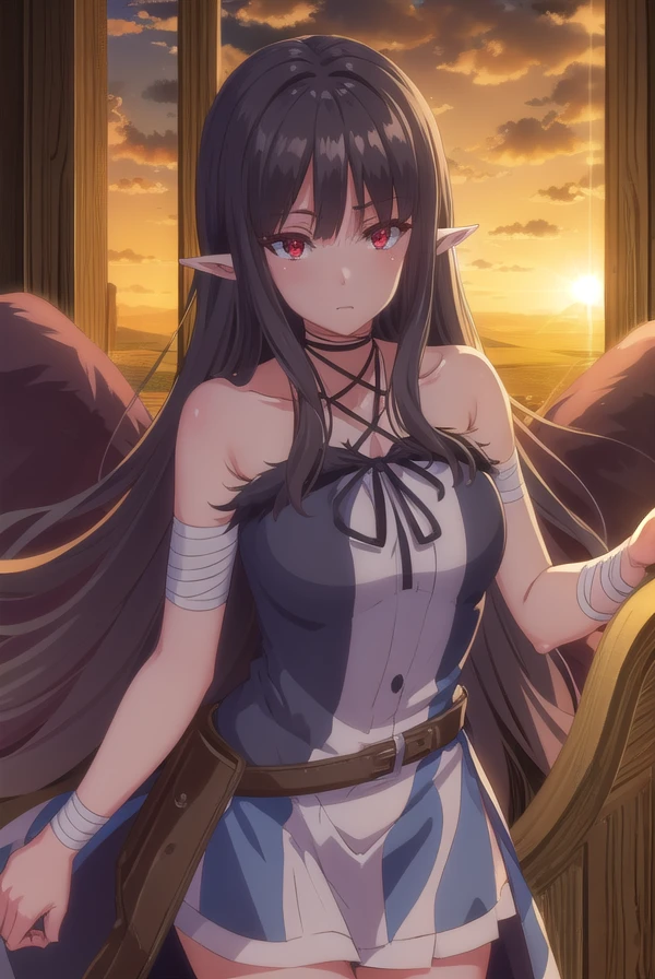 evereese, <lora:eve reese s1-lora-nochekaiser:1>,
eve reese, long hair, bangs, black hair, (red eyes:1.3), very long hair, pointy ears,
BREAK dress, bare shoulders, collarbone, wings, sleeveless, black dress, black ribbon, halterneck, bandages, feathered wings, black wings,
BREAK outdoors, forest, nature, trees, grass, sun, sky, clouds,
BREAK looking at viewer, (cowboy shot:1.5),
BREAK <lyco:GoodHands-beta2:1>, (masterpiece:1.2), best quality, high resolution, unity 8k wallpaper, (illustration:0.8), (beautiful detailed eyes:1.6), extremely detailed face, perfect lighting, extremely detailed CG, (perfect hands, perfect anatomy),