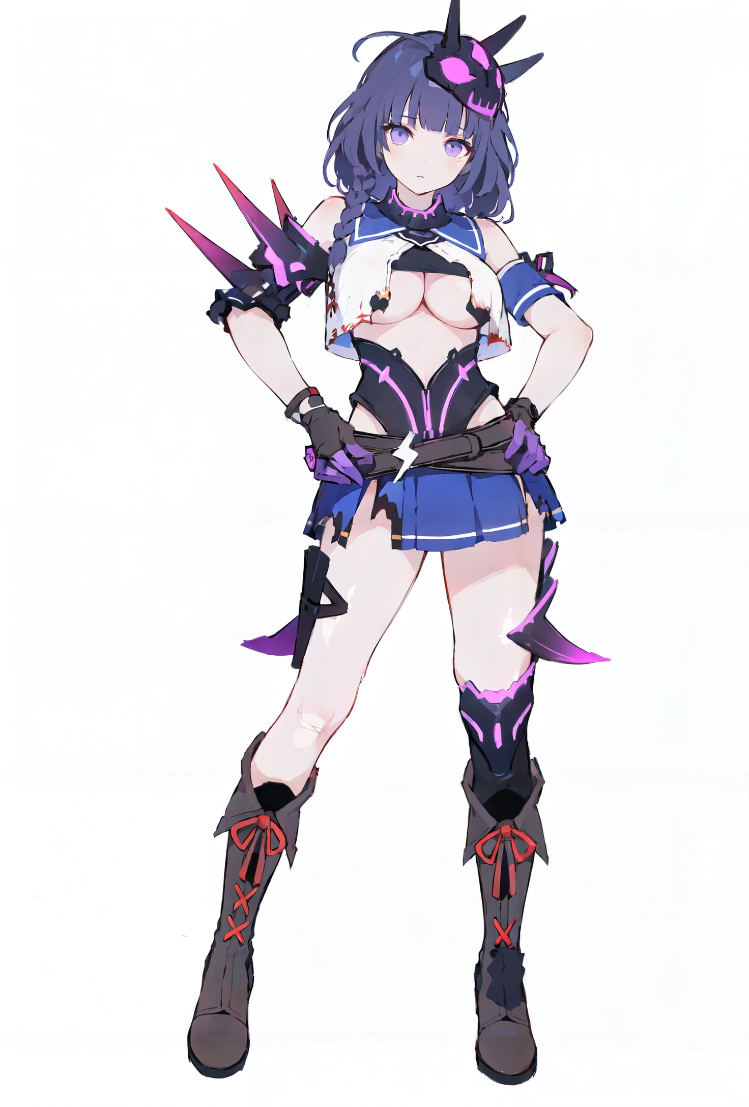 (((Best Quality))) , ((full body)), An adult female, reference sheet, solo, (white background), midriff, thong, cleavage, dark blue purple hair, 