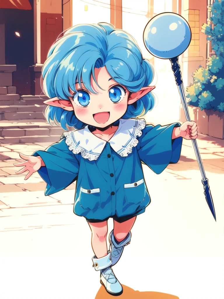 <lora:Rumi_FQ_Ver2:0.8>Rumi, 1girl, pointy ears, blue eyes, solo, blue hair, smile, open mouth, short hair, cane, blush, full body
masterpiece, best quality,4k,8k, 1990s \(style\),
