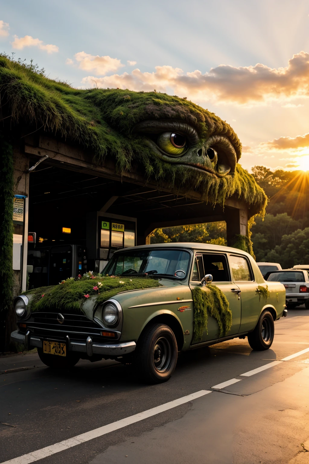 mossbeast car, gas station, sunset <lora:mossbeast:0.7> <lora:add_detail:0.5> <lora:realistic:0.5>